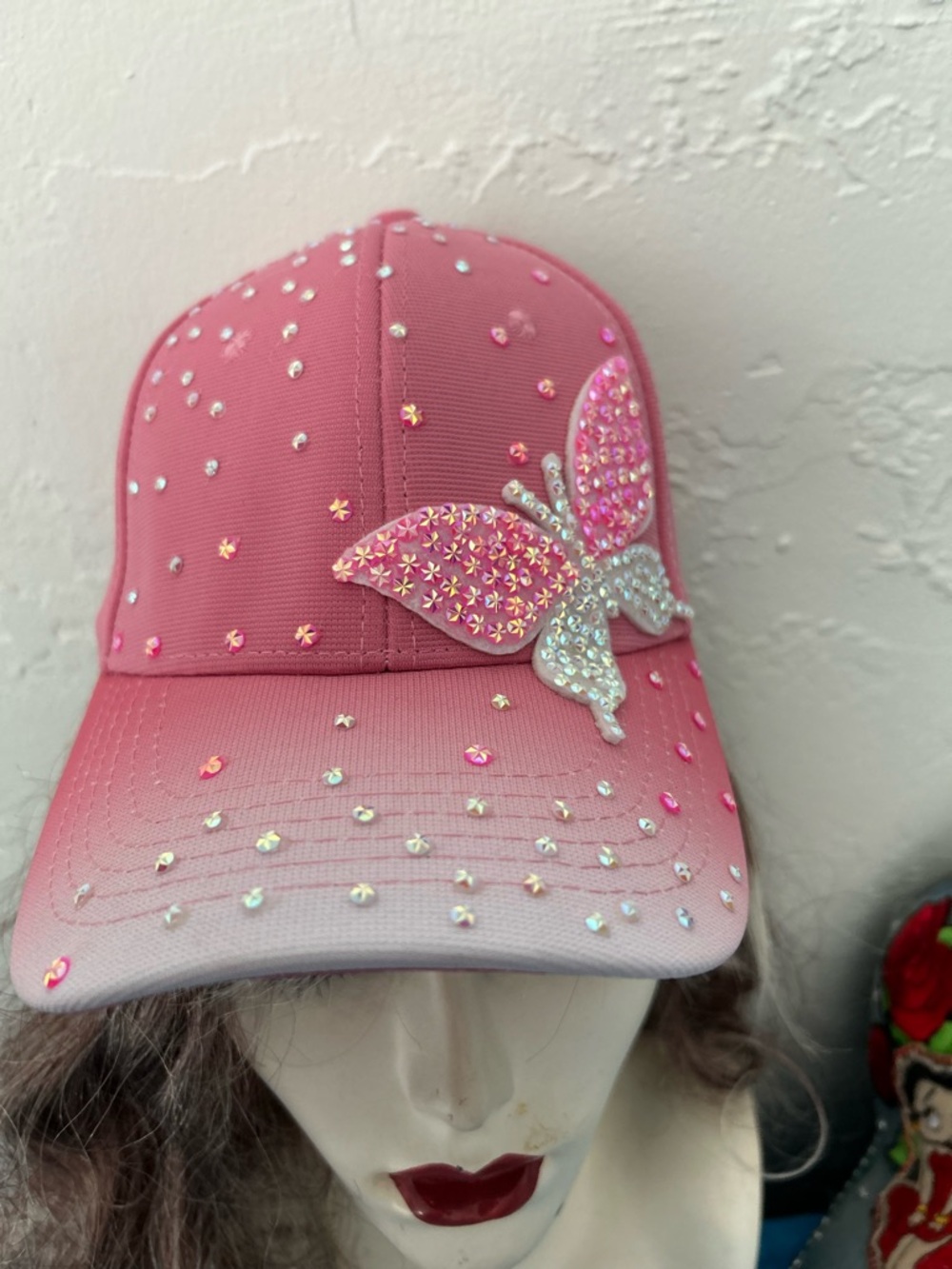 Pink Rhinestone Butterfly Wonen’s Baseball Cap Bling Blung - Picture 3 of 3
